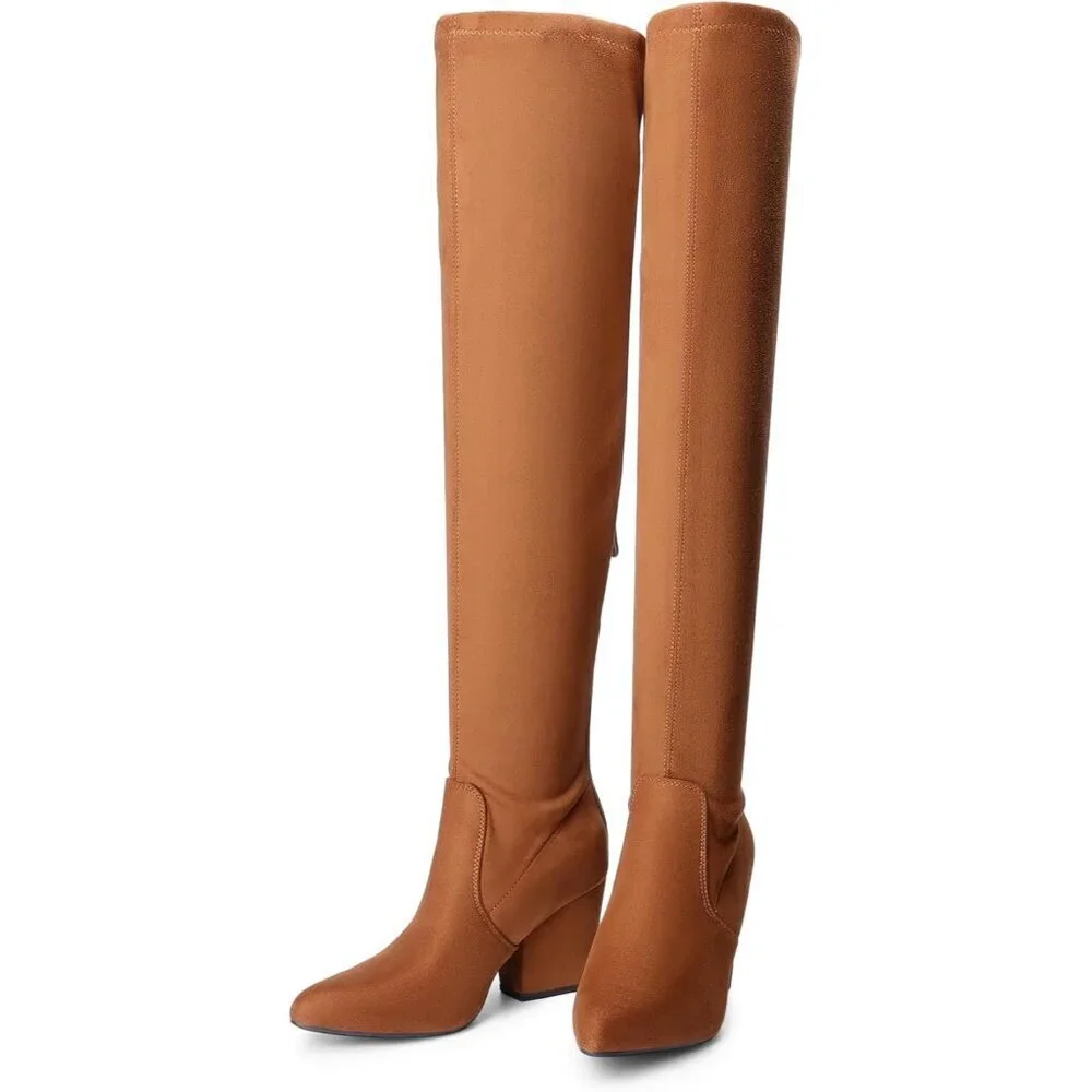 Women's Brown Pointed Toe Thigh High Chunky Blocked Heel Over The Knee Boots